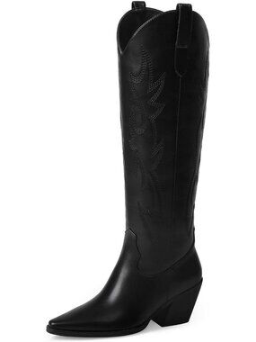 Women's Turquoise Embroidered Knee High Block Heel Pointed Toe Cowgirl Boot